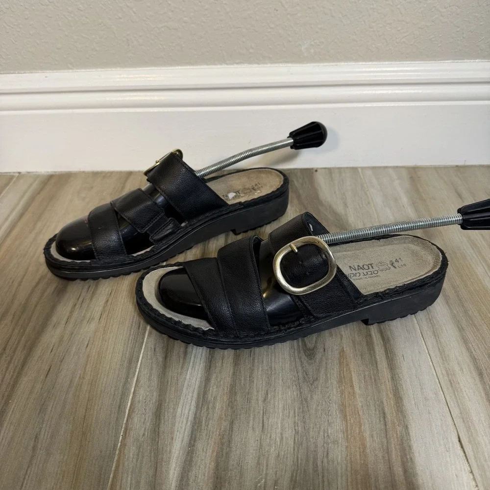 NAOT Leather Slide Sandals Frey Black Womens Size 10 Beach Travel Comfort